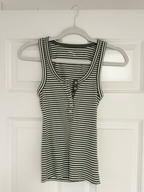 Aerie Olive Green and White Striped Ribbed Tank